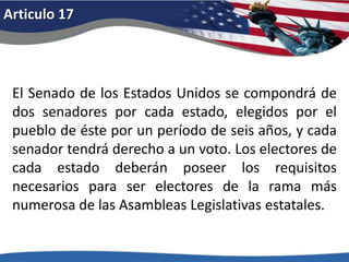 Articulo 12Y si la Cámara de Representantes, cuando el derecho de elegir recaiga sobre ella, no elige presidente antes del cuarto día del mes de marzo siguiente, entonces el vicepresidente actuará como presidente, al igual que en el caso de muerte u otra incapacidad constitucional del presidente. Será vicepresidente la persona que obtenga el mayor número de votos para el cargo de vicepresidente, si dicho número equivale a la mayoría del número total de compromisarios designados. Si ninguna persona obtiene mayoría, entonces el Senado elegirá al vicepresidente de entre las dos personas que obtengan el mayor número de votos. 