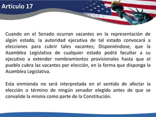 Articulo 12A este fin el quórum consistirá de las dos terceras partes del número total de senadores, requiriéndose la mayoría del número total para la elección. Ninguna persona inelegible constitucionalmente para el cargo de presidente será elegible para el de vicepresidente de los Estados Unidos. 