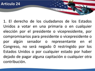 Articulo 19El derecho de sufragio de los ciudadanos de los Estados Unidos no será negado o coartado por los Estados Unidos o por ningún estado por razón de sexo.  El Congreso tendrá facultad para hacer cumplir las disposiciones de esta enmienda mediante legislación adecuada.