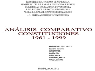 REPUBLICA BOLIVARIANA DE VENEZUELA MINISTERIO DEL P.P. PARA LA EDUCACION SUPERIOR UNIVERSIDAD BOLIVARIANA DE VENEZUELA P.F.G. ESTUDIOS JURIDICOS. SEDE BARINAS ALDEA: E.B. RAFAEL IGNACIO MENDOZA RUBIO U.C.: SISTEMA POLITICO Y CONSTITUCION ANÁLISIS  COMPARATIVO  CONSTITUCIONES  1961 - 1999 FACILITADOR:  PAVEL VALETA Sección 1 Nocturno INTEGRANTES: Gavidia, Elías Valero, José A Valderrama, Mirta V. Villegas, Oswaldo BARINAS, JULIO 2.011 