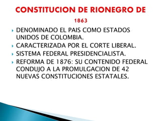  DENOMINADO EL PAIS COMO ESTADOS
UNIDOS DE COLOMBIA.
 CARACTERIZADA POR EL CORTE LIBERAL.
 SISTEMA FEDERAL PRESIDENCIALISTA.
 REFORMA DE 1876: SU CONTENIDO FEDERAL
CONDUJO A LA PROMULGACION DE 42
NUEVAS CONSTITUCIONES ESTATALES.
 