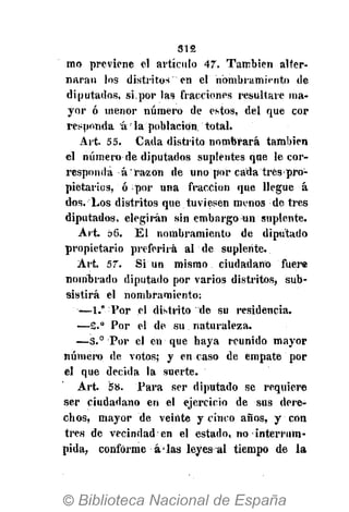 312
mo previene el artículo 47. También alter-
naran los distritos en el nombramiento de
diputados, si,por las fracciones resultare ma-
yor ó menor número de estos, del que cor
responda á la población total.
Ait. 55. Cada distrito nombrará también
el número de diputados suplentes que le cor-
responda á!
razón de uno por cada tres-pro-
pietarios, ó por una fracción que llegue á
dos. Los distritos que tuviesen menos de tres
diputados, elegirán sin embargo un suplente.
Art. ò6. El nombramiento de diputado
propietario preferirá al de suplente.
Art. 57. Si un mismo ciudadano fuere
nombrado diputado por varios distritos, sub-
sistirá el nombramiento:
—1.° Por el distrito de su residencia.
—2.° Por el de su naturaleza.
—3.° Por el en que haya reunido mayor
número de votos; y encaso de empate por
el que decida la suerte.
Art. 58. Para ser diputado se requiere
ser ciudadano en el ejercicio de sus dere-
chos, mayor de veinte y cinco años, y con
tres de vecindad en el estado, no interrum-
pida, conforme á • las leyes al tiempo de la
 
