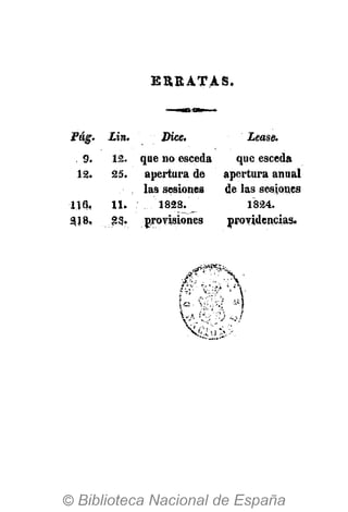 E R R A T A S .
Pág. Lin.
9. 12.
12. 25.
116, 11.
218, 23.
Dice.
que no esceda
apertura de
las sesiones
1828.
provisiones
Léase.
que esceda
apertura anual
de las sesiones
1824.
providencias»
 