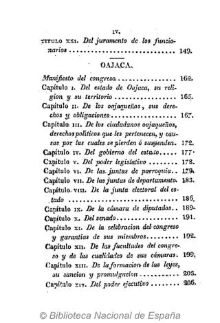 I V .
narios 149.
OAJACA.
Manifiesto del congreso,........ 162-,
Capítulo i. Del estado de Oajaca, su retir
gion. y su territorio 165,
Capítulo ii. De los oajaqueños, sus dere-
chos y obligaciones-. ............. 167.
Capítulo: I I I . De los ciudadanos oajaqueños,
derechospolíticos que-lea pertenecen, y cau-
sas por las cuales se pierden ó suspenden. 172.
Capítulo, iv. Del gobierno del estado 177*
Capítulo v. Del poder legislativo 178.
Capítulo vi. De las, juntas de parroquia.. lZ9t
Capítulo yii. De lasjuntas de departamento* 183.
Capítulo, vía. De la junta electoral del es-
tado 186.
Capítulo ix. De la cámara de diputados.. 189«-
Capítulo x. Del senado 191.
Capítulo xi. De la celebración del congreso
y garantios de sus miembros. 192,.
Capítulo xii. De las facultades del congre--
so y de las cualidades- de sus cámaras. 199;
Capitulo X I I I . De laformación de las leyes,
¡m sanción y promulgación ................ 203.
Canítulo X I T . Del poder ejecutivo 206.
T I T U L O xxi. Del juramento de. los funcior
 