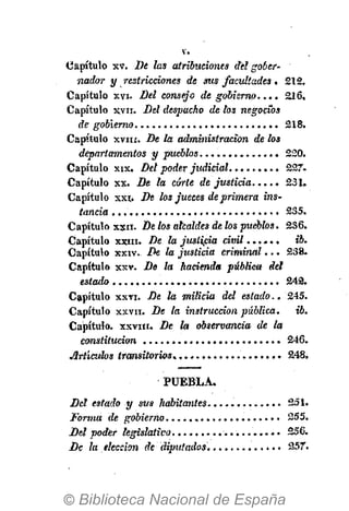 V .
Capítulo xv. De las atribuciones del gober-
nador y restricciones de sus facultades . 212.
Capítulo xvi. Del consejo de gobierno.... 216,
Capítulo xvn. Del despacho de tos negocios
de gobierno 218.
Capítulo X V I I Í . De la administración de los
departamentos y pueblos 220.
Capítulo xix. Del poder judicial 227.
Capítulo xx. De la corte de justicia 231.
Capítulo xxi. De los jueces de primera ins-
tancia .......................... 235.
Capítulo xxii. De los alcaldes de los pueblos. 2S6.
Capítulo X X I I I . De la justicia civil...... ib.
Capítulo xxiv. De la justicia criminal... 238.
Capítulo xxv. De la hacienda pública del
estado 242.
Capítulo xxvi. De la milicia del estado.. 245.
Capítulo xxvii. De la instrucción pública. ib.
Capítulo, xxvlii. De la observancia de la
constitución 246.
Artículos transitorios. 248.
PUEBLA.
Del estado y sus llabitantes 251.
Forma de gobierno. 255.
Del poder legislativo 256.
De la elección de diputados. 357.
 