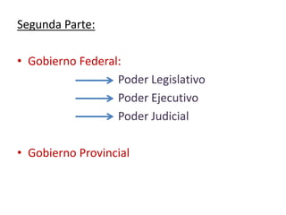 Segunda Parte:
• Gobierno Federal:
Poder Legislativo
Poder Ejecutivo
Poder Judicial
• Gobierno Provincial
 