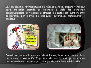 Los procesos constitucionales de hábeas corpus, amparo y hábeas
data proceden cuando se amenace o viole los derechos
constitucionales por acción u omisión de actos de cumplimiento
obligatorio, por parte de cualquier autoridad, funcionario o
persona.
Cuando se invoque la amenaza de violación, ésta debe ser cierta y
de inminente realización. El proceso de cumplimiento procede para
que se acate una norma legal o se ejecute un acto administrativo.
 