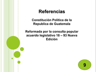 Referencias
Constitución Política de la
Republica de Guatemala
Reformada por la consulta popular
acuerdo legislativo 18 – 93 Nueva
Edición
9
 