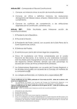 60
Artículo 202°.- Corresponde al Tribunal Constitucional:
1. Conocer, en instancia única, la acción de inconstitucionalidad.
2. Conocer, en última y definitiva instancia, las resoluciones
denegatorias de hábeas corpus, amparo, hábeas data, y acción de
cumplimiento.
3. Conocer los conflictos de competencia, o de atribuciones
asignadas por la Constitución, conforme a ley.
Artículo 203°.- Están facultados para interponer acción de
inconstitucionalidad:
1. El Presidente de la República.
2. El Fiscal de la Nación.
3. El Presidente del Poder Judicial, con acuerdo de la Sala Plena de la
Corte Suprema de Justicia.
4. El Defensor del Pueblo.
5. El veinticinco por ciento del número legal de congresistas.
6. Cinco mil ciudadanos con firmas comprobadas por el Jurado
Nacional de Elecciones. Si la norma es una ordenanza municipal,
está facultado para impugnarla el uno por ciento de los ciudadanos
del respectivo ámbito territorial, siempre que este porcentaje no
exceda del número de firmas anteriormente señalado.
7. Los Gobernadores Regionales con acuerdo del Consejo Regional, o
los alcaldes provinciales con acuerdo de su Concejo, en materias de
su competencia.(*)§
8. Los colegios profesionales, en materias de su especialidad. (*)**
§
*Inciso modificado por Ley 30305, publicada el 10 de marzo de 2015. Antes de la reforma, este
inciso tuvo el siguiente texto:
“6. Los presidentes de Región con acuerdo del Consejo de Coordinación Regional, o los
alcaldes provinciales con acuerdo de su Concejo, en materias de su competencia”.
*Artículo modificado por Ley 30651, publicada el 20 de agosto de 2017. Antes de la reforma, este
artículo tuvo el siguiente texto:
Artículo 203°.- Están facultados para interponer acción de inconstitucionalidad:
1. El Presidente de la República.
2. El Fiscal de la Nación.
3. El Defensor del Pueblo.
4. El veinticinco por ciento del número legal de congresistas.
5. Cinco mil ciudadanos con firmas comprobadas por el Jurado Nacional de Elecciones. Si la
norma es una ordenanza municipal, está facultado para impugnarla el uno por ciento de los
ciudadanos del respectivo ámbito territorial, siempre que este porcentaje no exceda del
número de firmas anteriormente señalado.
 