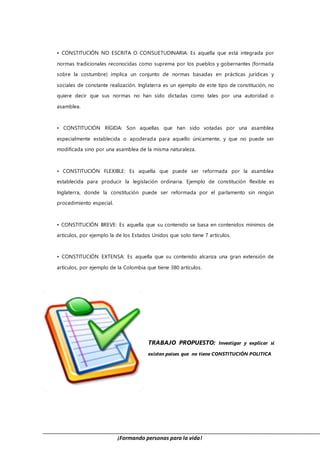 ¡Formando personas para la vida!
• CONSTITUCIÓN NO ESCRITA O CONSUETUDINARIA: Es aquella que está integrada por
normas tradicionales reconocidas como suprema por los pueblos y gobernantes (formada
sobre la costumbre) implica un conjunto de normas basadas en prácticas jurídicas y
sociales de constante realización. Inglaterra es un ejemplo de este tipo de constitución, no
quiere decir que sus normas no han sido dictadas como tales por una autoridad o
asamblea.
• CONSTITUCIÓN RÍGIDA: Son aquellas que han sido votadas por una asamblea
especialmente establecida o apoderada para aquello únicamente, y que no puede ser
modificada sino por una asamblea de la misma naturaleza.
• CONSTITUCIÓN FLEXIBLE: Es aquella que puede ser reformada por la asamblea
establecida para producir la legislación ordinaria. Ejemplo de constitución flexible es
Inglaterra, donde la constitución puede ser reformada por el parlamento sin ningún
procedimiento especial.
• CONSTITUCIÓN BREVE: Es aquella que su contenido se basa en contenidos mínimos de
artículos, por ejemplo la de los Estados Unidos que solo tiene 7 artículos.
• CONSTITUCIÓN EXTENSA: Es aquella que su contenido alcanza una gran extensión de
artículos, por ejemplo de la Colombia que tiene 380 artículos.
TRABAJO PROPUESTO: Investigar y explicar si
existen países que no tiene CONSTITUCIÓN POLITICA
 