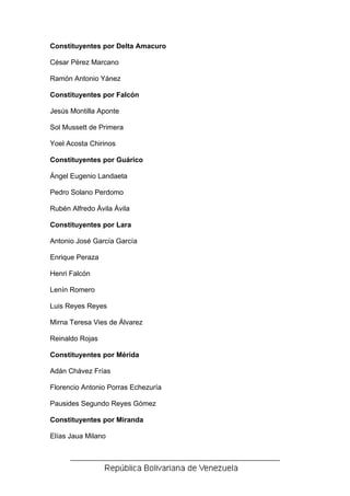 Constituyentes por Delta Amacuro

César Pérez Marcano

Ramón Antonio Yánez

Constituyentes por Falcón

Jesús Montilla Aponte

Sol Mussett de Primera

Yoel Acosta Chirinos

Constituyentes por Guárico

Ángel Eugenio Landaeta

Pedro Solano Perdomo

Rubén Alfredo Ávila Ávila

Constituyentes por Lara

Antonio José García García

Enrique Peraza

Henri Falcón

Lenín Romero

Luis Reyes Reyes

Mirna Teresa Vies de Álvarez

Reinaldo Rojas

Constituyentes por Mérida

Adán Chávez Frías

Florencio Antonio Porras Echezuría

Pausides Segundo Reyes Gómez

Constituyentes por Miranda

Elías Jaua Milano
 