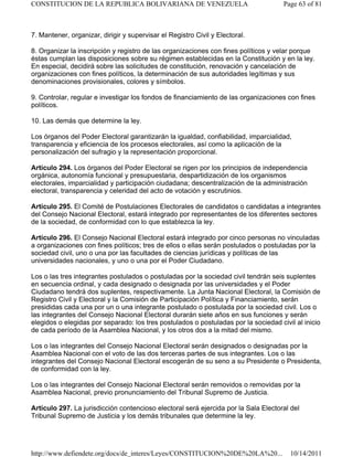 7. Mantener, organizar, dirigir y supervisar el Registro Civil y Electoral.
8. Organizar la inscripción y registro de las organizaciones con fines políticos y velar porque
éstas cumplan las disposiciones sobre su régimen establecidas en la Constitución y en la ley.
En especial, decidirá sobre las solicitudes de constitución, renovación y cancelación de
organizaciones con fines políticos, la determinación de sus autoridades legítimas y sus
denominaciones provisionales, colores y símbolos.
9. Controlar, regular e investigar los fondos de financiamiento de las organizaciones con fines
políticos.
10. Las demás que determine la ley.
Los órganos del Poder Electoral garantizarán la igualdad, confiabilidad, imparcialidad,
transparencia y eficiencia de los procesos electorales, así como la aplicación de la
personalización del sufragio y la representación proporcional.
Artículo 294. Los órganos del Poder Electoral se rigen por los principios de independencia
orgánica, autonomía funcional y presupuestaria, despartidización de los organismos
electorales, imparcialidad y participación ciudadana; descentralización de la administración
electoral, transparencia y celeridad del acto de votación y escrutinios.
Artículo 295. El Comité de Postulaciones Electorales de candidatos o candidatas a integrantes
del Consejo Nacional Electoral, estará integrado por representantes de los diferentes sectores
de la sociedad, de conformidad con lo que establezca la ley.
Artículo 296. El Consejo Nacional Electoral estará integrado por cinco personas no vinculadas
a organizaciones con fines políticos; tres de ellos o ellas serán postulados o postuladas por la
sociedad civil, uno o una por las facultades de ciencias jurídicas y políticas de las
universidades nacionales, y uno o una por el Poder Ciudadano.
Los o las tres integrantes postulados o postuladas por la sociedad civil tendrán seis suplentes
en secuencia ordinal, y cada designado o designada por las universidades y el Poder
Ciudadano tendrá dos suplentes, respectivamente. La Junta Nacional Electoral, la Comisión de
Registro Civil y Electoral y la Comisión de Participación Política y Financiamiento, serán
presididas cada una por un o una integrante postulado o postulada por la sociedad civil. Los o
las integrantes del Consejo Nacional Electoral durarán siete años en sus funciones y serán
elegidos o elegidas por separado: los tres postulados o postuladas por la sociedad civil al inicio
de cada período de la Asamblea Nacional, y los otros dos a la mitad del mismo.
Los o las integrantes del Consejo Nacional Electoral serán designados o designadas por la
Asamblea Nacional con el voto de las dos terceras partes de sus integrantes. Los o las
integrantes del Consejo Nacional Electoral escogerán de su seno a su Presidente o Presidenta,
de conformidad con la ley.
Los o las integrantes del Consejo Nacional Electoral serán removidos o removidas por la
Asamblea Nacional, previo pronunciamiento del Tribunal Supremo de Justicia.
Artículo 297. La jurisdicción contencioso electoral será ejercida por la Sala Electoral del
Tribunal Supremo de Justicia y los demás tribunales que determine la ley.
Page 63 of 81
CONSTITUCION DE LA REPUBLICA BOLIVARIANA DE VENEZUELA
10/14/2011
http://www.defiendete.org/docs/de_interes/Leyes/CONSTITUCION%20DE%20LA%20...
 
