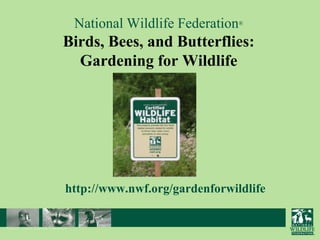 National Wildlife Federation®

Birds, Bees, and Butterflies:
Gardening for Wildlife

http://www.nwf.org/gardenforwildlife

 