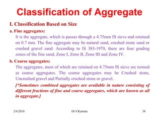 Classification of Aggregate
I. Classification Based on Size
a. Fine aggregates:
It is the aggregate, which is passes through a 4.75mm IS sieve and retained
on 0.7 mm. The fine aggregate may be natural sand, crushed stone sand or
crushed gravel sand. According to IS 383-1970, there are four grading
zones of the fine sand, Zone I, Zone II, Zone III and Zone IV.
b. Coarse aggregates:
The aggregates, most of which are retained on 4.75mm IS sieve are termed
as coarse aggregates. The coarse aggregates may be Crushed stone,
Uncrushed gravel and Partially crushed stone or gravel.
[*Sometimes combined aggregates are available in nature consisting of
different fractions of fine and coarse aggregates, which are known as all
in aggregate.]
2/6/2018 Dr.V.Kannan 38
 