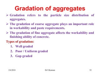 Gradation of aggregates
 Gradation refers to the particle size distribution of
aggregates.
 The gradation of coarse aggregate plays an important role
in workability and paste requirements.
 The gradation of fine aggregate affects the workability and
finishing ability of concrete.
Types of gradation:
1. Well graded
2. Poor / Uniform graded
3. Gap graded
2/6/2018 Dr.V.Kannan 52
 