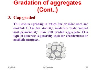 Gradation of aggregates
(Cont..)
3. Gap graded
This involves grading in which one or more sizes are
omitted. It has low stability, moderate voids content
and permeability than well graded aggregate. This
type of concrete is generally used for architectural or
aesthetic purposes.
2/6/2018 Dr.V.Kannan 55
 