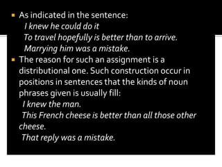Any other constituents or constituents present in the noun phrase are usually said to be involved as modifiers of this constituents, i.e., they tell us something about it.Each of the following is a noun phrase with its head noun or pronoun given in boldface:people