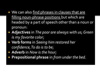 A few adjectives follow the noun in a noun phrase:inspector  general, heir apparent, China proper, the 	amount due, the information available, the people 	concernedIndefinite pronouns may also sometimes be modified in this way:nothing good, something interesting, anything worthwhileOther kinds of components may be inserted into noun phrases before the noun. Nouns and noun phrases may be used as modifiers:stone wall, business news report, language acquisition 	device, knife and fork meal, bacon, lettuce, and tomato 	sandwhich