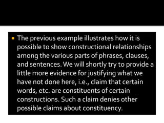 We can further increase the number of constructions in, and therefore the constructional “depth” of, the previous sentence. For example, if we add old between the and man, very before slowly, and unfortunately at the very beginning of the sentence, we produce the following arrangement of construction and constituents:
