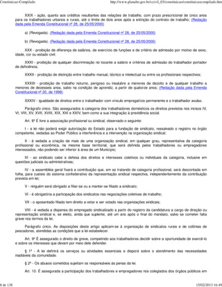 Constituicao-Compilado                                                 http://www.planalto.gov.br/ccivil_03/constituicao/constituicaocompilado.htm


                XXIX - ação, quanto aos créditos resultantes das relações de trabalho, com prazo prescricional de cinco anos
           para os trabalhadores urbanos e rurais, até o limite de dois anos após a extinção do contrato de trabalho; (Redação
           dada pela Emenda Constitucional nº 28, de 25/05/2000)

                a) (Revogada). (Redação dada pela Emenda Constitucional nº 28, de 25/05/2000)

                b) (Revogada). (Redação dada pela Emenda Constitucional nº 28, de 25/05/2000)

                 XXX - proibição de diferença de salários, de exercício de funções e de critério de admissão por motivo de sexo,
           idade, cor ou estado civil;

                XXXI - proibição de qualquer discriminação no tocante a salário e critérios de admissão do trabalhador portador
           de deficiência;

                XXXII - proibição de distinção entre trabalho manual, técnico e intelectual ou entre os profissionais respectivos;

                XXXIII - proibição de trabalho noturno, perigoso ou insalubre a menores de dezoito e de qualquer trabalho a
           menores de dezesseis anos, salvo na condição de aprendiz, a partir de quatorze anos; (Redação dada pela Emenda
           Constitucional nº 20, de 1998)

                XXXIV - igualdade de direitos entre o trabalhador com vínculo empregatício permanente e o trabalhador avulso.

                 Parágrafo único. São assegurados à categoria dos trabalhadores domésticos os direitos previstos nos incisos IV,
           VI, VIII, XV, XVII, XVIII, XIX, XXI e XXIV, bem como a sua integração à previdência social.

                Art. 8º É livre a associação profissional ou sindical, observado o seguinte:

               I - a lei não poderá exigir autorização do Estado para a fundação de sindicato, ressalvado o registro no órgão
           competente, vedadas ao Poder Público a interferência e a intervenção na organização sindical;

                 II - é vedada a criação de mais de uma organização sindical, em qualquer grau, representativa de categoria
           profissional ou econômica, na mesma base territorial, que será definida pelos trabalhadores ou empregadores
           interessados, não podendo ser inferior à área de um Município;

                III - ao sindicato cabe a defesa dos direitos e interesses coletivos ou individuais da categoria, inclusive em
           questões judiciais ou administrativas;

                  IV - a assembléia geral fixará a contribuição que, em se tratando de categoria profissional, será descontada em
           folha, para custeio do sistema confederativo da representação sindical respectiva, independentemente da contribuição
           prevista em lei;

                V - ninguém será obrigado a filiar-se ou a manter-se filiado a sindicato;

                VI - é obrigatória a participação dos sindicatos nas negociações coletivas de trabalho;

                VII - o aposentado filiado tem direito a votar e ser votado nas organizações sindicais;

                 VIII - é vedada a dispensa do empregado sindicalizado a partir do registro da candidatura a cargo de direção ou
           representação sindical e, se eleito, ainda que suplente, até um ano após o final do mandato, salvo se cometer falta
           grave nos termos da lei.

                Parágrafo único. As disposições deste artigo aplicam-se à organização de sindicatos rurais e de colônias de
           pescadores, atendidas as condições que a lei estabelecer.

                 Art. 9º É assegurado o direito de greve, competindo aos trabalhadores decidir sobre a oportunidade de exercê-lo
           e sobre os interesses que devam por meio dele defender.

                 § 1º - A lei definirá os serviços ou atividades essenciais e disporá sobre o atendimento das necessidades
           inadiáveis da comunidade.

                § 2º - Os abusos cometidos sujeitam os responsáveis às penas da lei.

                Art. 10. É assegurada a participação dos trabalhadores e empregadores nos colegiados dos órgãos públicos em


8 de 138                                                                                                                        15/02/2013 16:49
 