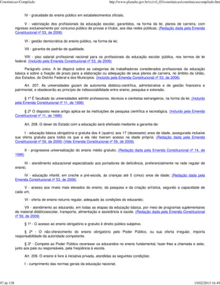Constituicao-Compilado                                                     http://www.planalto.gov.br/ccivil_03/constituicao/constituicaocompilado.htm


                    IV - gratuidade do ensino público em estabelecimentos oficiais;

                  V - valorização dos profissionais da educação escolar, garantidos, na forma da lei, planos de carreira, com
            ingresso exclusivamente por concurso público de provas e títulos, aos das redes públicas; (Redação dada pela Emenda
            Constitucional nº 53, de 2006)

                    VI - gestão democrática do ensino público, na forma da lei;

                    VII - garantia de padrão de qualidade.

                  VIII - piso salarial profissional nacional para os profissionais da educação escolar pública, nos termos de lei
            federal. (Incluído pela Emenda Constitucional nº 53, de 2006)

                  Parágrafo único. A lei disporá sobre as categorias de trabalhadores considerados profissionais da educação
            básica e sobre a fixação de prazo para a elaboração ou adequação de seus planos de carreira, no âmbito da União,
            dos Estados, do Distrito Federal e dos Municípios. (Incluído pela Emenda Constitucional nº 53, de 2006)

                  Art. 207. As universidades gozam de autonomia didático-científica, administrativa e de gestão financeira e
            patrimonial, e obedecerão ao princípio de indissociabilidade entre ensino, pesquisa e extensão.

                  § 1º É facultado às universidades admitir professores, técnicos e cientistas estrangeiros, na forma da lei. (Incluído
            pela Emenda Constitucional nº 11, de 1996)

                 § 2º O disposto neste artigo aplica-se às instituições de pesquisa científica e tecnológica. (Incluído pela Emenda
            Constitucional nº 11, de 1996)

                    Art. 208. O dever do Estado com a educação será efetivado mediante a garantia de:

                 I - educação básica obrigatória e gratuita dos 4 (quatro) aos 17 (dezessete) anos de idade, assegurada inclusive
            sua oferta gratuita para todos os que a ela não tiveram acesso na idade própria; (Redação dada pela Emenda
            Constitucional nº 59, de 2009) (Vide Emenda Constitucional nº 59, de 2009)

                    II - progressiva universalização do ensino médio gratuito; (Redação dada pela Emenda Constitucional nº 14, de
            1996)

                  III - atendimento educacional especializado aos portadores de deficiência, preferencialmente na rede regular de
            ensino;

                IV - educação infantil, em creche e pré-escola, às crianças até 5 (cinco) anos de idade; (Redação dada pela
            Emenda Constitucional nº 53, de 2006)

                 V - acesso aos níveis mais elevados do ensino, da pesquisa e da criação artística, segundo a capacidade de
            cada um;

                    VI - oferta de ensino noturno regular, adequado às condições do educando;

                  VII - atendimento ao educando, em todas as etapas da educação básica, por meio de programas suplementares
            de material didáticoescolar, transporte, alimentação e assistência à saúde. (Redação dada pela Emenda Constitucional
            nº 59, de 2009)

                    § 1º - O acesso ao ensino obrigatório e gratuito é direito público subjetivo.

                 § 2º - O não-oferecimento do ensino obrigatório pelo Poder Público, ou sua oferta irregular, importa
            responsabilidade da autoridade competente.

                   § 3º - Compete ao Poder Público recensear os educandos no ensino fundamental, fazer-lhes a chamada e zelar,
            junto aos pais ou responsáveis, pela freqüência à escola.

                    Art. 209. O ensino é livre à iniciativa privada, atendidas as seguintes condições:

                    I - cumprimento das normas gerais da educação nacional;




97 de 138                                                                                                                           15/02/2013 16:49
 