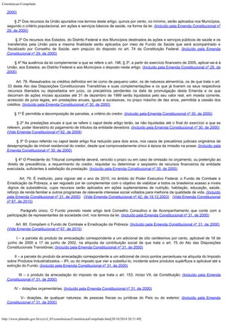 Constituicao-Compilado
http://www.planalto.gov.br/ccivil_03/constituicao/ConstituicaoCompilado.htm[20/10/2014 20:31:49]
2000)
       
§ 2º Dos recursos da União apurados nos termos deste artigo, quinze por cento, no
mínimo, serão aplicados nos Municípios,
segundo o critério populacional, em ações e
serviços básicos de saúde, na forma da lei. (Incluído pela
Emenda Constitucional nº
29, de 2000)
       
§ 3º Os recursos dos Estados, do Distrito Federal e dos Municípios destinados às
ações e serviços públicos de saúde e os
transferidos pela União para a mesma
finalidade serão aplicados por meio de Fundo de Saúde que será acompanhado e

fiscalizado por Conselho de Saúde, sem prejuízo do disposto no art. 74 da Constituição
Federal. (Incluído pela
Emenda
Constitucional nº 29, de 2000)
       
§ 4º Na ausência da lei complementar a que se refere o art. 198, § 3º, a partir do
exercício financeiro de 2005, aplicar-se-á à
União, aos Estados, ao Distrito Federal e
aos Municípios o disposto neste artigo. (Incluído pela
Emenda Constitucional nº 29, de
2000)
        Art. 78. Ressalvados os créditos definidos em lei como de pequeno
valor, os de natureza alimentícia, os de que trata o art.
33 deste Ato das Disposições
Constitucionais Transitórias e suas complementações e os que já tiverem os seus
respectivos
recursos liberados ou depositados em juízo, os precatórios pendentes na data
de promulgação desta Emenda e os que
decorram de ações iniciais ajuizadas até 31 de
dezembro de 1999 serão liquidados pelo seu valor real, em moeda corrente,
acrescido de
juros legais, em prestações anuais, iguais e sucessivas, no prazo máximo de dez anos,
permitida a cessão dos
créditos. (Incluído pela Emenda Constitucional nº 30, de
2000)
       
§ 1º É permitida a decomposição de parcelas, a critério do credor. (Incluído pela Emenda Constitucional nº 30, de
2000)
       
§ 2º As prestações anuais a que se refere o caput deste artigo terão, se não
liquidadas até o final do exercício a que se
referem, poder liberatório do pagamento de
tributos da entidade devedora. (Incluído pela Emenda Constitucional nº 30, de
2000) 
(Vide Emenda Constitucional nº 62, de 2009)
       
§ 3º O prazo referido no caput deste artigo fica reduzido para dois anos, nos
casos de precatórios judiciais originários de
desapropriação de imóvel residencial do
credor, desde que comprovadamente único à época da imissão na posse. (Incluído pela
Emenda Constitucional nº 30, de
2000)
        § 4º O Presidente do Tribunal competente deverá, vencido o prazo ou em caso de omissão
no orçamento, ou preterição ao
direito de precedência, a requerimento do credor,
requisitar ou determinar o seqüestro de recursos financeiros da entidade
executada,
suficientes à satisfação da prestação. (Incluído pela Emenda Constitucional nº 30, de
2000)
        Art.
79. É instituído, para vigorar até
o ano de 2010, no âmbito do Poder Executivo Federal, o Fundo de Combate e
Erradicação
da Pobreza, a ser regulado por lei complementar com o objetivo de viabilizar a todos os
brasileiros acesso a níveis
dignos de subsistência, cujos recursos serão aplicados em
ações suplementares de nutrição, habitação, educação, saúde,

reforço de renda
familiar e outros programas de relevante interesse social voltados para melhoria da
qualidade de vida. (Incluído
pela Emenda
Constitucional nº 31, de 2000)  
(Vide Emenda
Constitucional nº 42, de 19.12.2003)  
(Vide
Emenda Constitucional
nº 67, de 2010)
       
Parágrafo único. O Fundo previsto neste artigo terá Conselho Consultivo e de
Acompanhamento que conte com a
participação de representantes da sociedade civil, nos
termos da lei. (Incluído pela Emenda
Constitucional nº 31, de 2000)
       
Art. 80. Compõem o Fundo de
Combate e Erradicação da Pobreza: (Incluído pela Emenda
Constitucional nº 31, de 2000) 

(Vide
Emenda Constitucional nº 67, de 2010)
       
I – a parcela do produto da arrecadação correspondente a um adicional de oito
centésimos por cento, aplicável de 18 de
junho de 2000 a 17 de junho de 2002, na
alíquota da contribuição social de que trata o art. 75 do Ato das Disposições

Constitucionais Transitórias; (Incluído pela Emenda
Constitucional nº 31, de 2000)
       
II – a parcela do produto da arrecadação correspondente a um adicional de cinco
pontos percentuais na alíquota do Imposto
sobre Produtos Industrializados – IPI, ou
do imposto que vier a substituí-lo, incidente sobre produtos supérfluos e aplicável
até a
extinção do Fundo; (Incluído pela Emenda
Constitucional nº 31, de 2000)
       
III – o produto da arrecadação do imposto de que trata o art. 153, inciso VII, da
Constituição; (Incluído pela Emenda

Constitucional nº 31, de 2000)
       
IV – dotações orçamentárias; (Incluído pela Emenda
Constitucional nº 31, de 2000)
       
V– doações, de qualquer natureza, de pessoas físicas ou jurídicas do País ou do
exterior; (Incluído pela Emenda

Constitucional nº 31, de 2000)
 