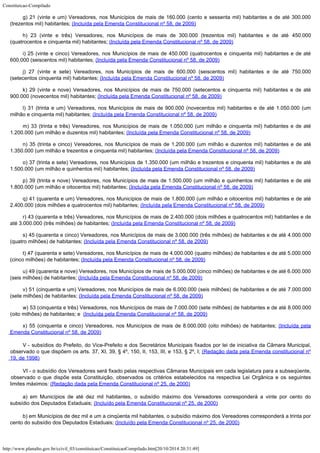 Constituicao-Compilado
http://www.planalto.gov.br/ccivil_03/constituicao/ConstituicaoCompilado.htm[20/10/2014 20:31:49]
g) 21 (vinte e um) Vereadores, nos Municípios de mais de 160.000 (cento e sessenta mil) habitantes e de até 300.000
(trezentos mil) habitantes; (Incluída pela Emenda Constitucional nº 58, de 2009)
h) 23 (vinte e três) Vereadores, nos Municípios de mais de 300.000 (trezentos mil) habitantes e de até 450.000
(quatrocentos e cinquenta mil) habitantes; (Incluída pela Emenda Constitucional nº 58, de 2009)
i) 25 (vinte e cinco) Vereadores, nos Municípios de mais de 450.000 (quatrocentos e cinquenta mil) habitantes e de até
600.000 (seiscentos mil) habitantes; (Incluída pela Emenda Constitucional nº 58, de 2009)
j) 27 (vinte e sete) Vereadores, nos Municípios de mais de 600.000 (seiscentos mil) habitantes e de até 750.000
(setecentos cinquenta mil) habitantes; (Incluída pela Emenda Constitucional nº 58, de 2009)
k) 29 (vinte e nove) Vereadores, nos Municípios de mais de 750.000 (setecentos e cinquenta mil) habitantes e de até
900.000 (novecentos mil) habitantes; (Incluída pela Emenda Constitucional nº 58, de 2009)
l) 31 (trinta e um) Vereadores, nos Municípios de mais de 900.000 (novecentos mil) habitantes e de até 1.050.000 (um
milhão e cinquenta mil) habitantes; (Incluída pela Emenda Constitucional nº 58, de 2009)
m) 33 (trinta e três) Vereadores, nos Municípios de mais de 1.050.000 (um milhão e cinquenta mil) habitantes e de até
1.200.000 (um milhão e duzentos mil) habitantes; (Incluída pela Emenda Constitucional nº 58, de 2009)
n) 35 (trinta e cinco) Vereadores, nos Municípios de mais de 1.200.000 (um milhão e duzentos mil) habitantes e de até
1.350.000 (um milhão e trezentos e cinquenta mil) habitantes; (Incluída pela Emenda Constitucional nº 58, de 2009)
o) 37 (trinta e sete) Vereadores, nos Municípios de 1.350.000 (um milhão e trezentos e cinquenta mil) habitantes e de até
1.500.000 (um milhão e quinhentos mil) habitantes; (Incluída pela Emenda Constitucional nº 58, de 2009)
p) 39 (trinta e nove) Vereadores, nos Municípios de mais de 1.500.000 (um milhão e quinhentos mil) habitantes e de até
1.800.000 (um milhão e oitocentos mil) habitantes;
(Incluída pela Emenda Constitucional nº 58, de 2009)
q) 41 (quarenta e um) Vereadores, nos Municípios de mais de 1.800.000 (um milhão e oitocentos mil) habitantes e de até
2.400.000 (dois milhões e quatrocentos mil) habitantes;
(Incluída pela Emenda Constitucional nº 58, de 2009)
r) 43 (quarenta e três) Vereadores, nos Municípios de mais de 2.400.000 (dois milhões e quatrocentos mil) habitantes e de
até 3.000.000 (três milhões) de habitantes;
(Incluída pela Emenda Constitucional nº 58, de 2009)
s) 45 (quarenta e cinco) Vereadores, nos Municípios de mais de 3.000.000 (três milhões) de habitantes e de até 4.000.000
(quatro milhões) de habitantes;
(Incluída pela Emenda Constitucional nº 58, de 2009)
t) 47 (quarenta e sete) Vereadores, nos Municípios de mais de 4.000.000 (quatro milhões) de habitantes e de até 5.000.000
(cinco milhões) de habitantes;
(Incluída pela Emenda Constitucional nº 58, de 2009)
u) 49 (quarenta e nove) Vereadores, nos Municípios de mais de 5.000.000 (cinco milhões) de habitantes e de até 6.000.000
(seis milhões) de habitantes;
(Incluída pela Emenda Constitucional nº 58, de 2009)
v) 51 (cinquenta e um) Vereadores, nos Municípios de mais de 6.000.000 (seis milhões) de habitantes e de até 7.000.000
(sete milhões) de habitantes; (Incluída pela Emenda Constitucional nº 58, de 2009)
w) 53 (cinquenta e três) Vereadores, nos Municípios de mais de 7.000.000 (sete milhões) de habitantes e de até 8.000.000
(oito milhões) de habitantes; e  (Incluída pela Emenda Constitucional nº 58, de 2009)
x) 55 (cinquenta e cinco) Vereadores, nos Municípios de mais de 8.000.000 (oito milhões) de habitantes; (Incluída pela
Emenda Constitucional nº 58, de 2009)
V
- subsídios do Prefeito, do Vice-Prefeito e dos Secretários
Municipais fixados por lei de iniciativa da Câmara Municipal,

observado o que dispõem os arts. 37, XI, 39, § 4º, 150,
II, 153, III, e 153, § 2º, I; (Redação dada pela Emenda constitucional nº
19, de
1998)
VI - o subsídio dos Vereadores será fixado pelas
respectivas Câmaras Municipais em cada legislatura para a subseqüente,
observado o que
dispõe esta Constituição, observados os critérios estabelecidos na respectiva Lei
Orgânica e os seguintes
limites máximos: (Redação dada pela
Emenda Constitucional nº 25, de 2000)
a) em Municípios de até dez mil habitantes, o subsídio máximo dos Vereadores
corresponderá a vinte por cento do
subsídio dos Deputados Estaduais; (Incluído pela Emenda Constitucional nº 25, de
2000)
b) em Municípios de dez mil e um a cinqüenta mil habitantes, o subsídio máximo
dos Vereadores corresponderá a trinta por
cento do subsídio dos Deputados Estaduais; (Incluído pela Emenda Constitucional nº 25, de
2000)
 