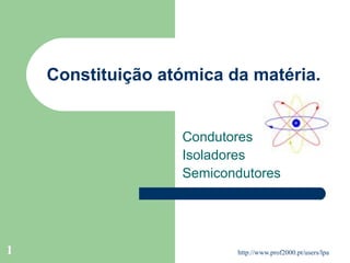 http://www.prof2000.pt/users/lpa1
Constituição atómica da matéria.
Condutores
Isoladores
Semicondutores
 