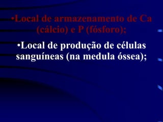 •Local de armazenamento de Ca
(cálcio) e P (fósforo);
•Local de produção de células
sanguíneas (na medula óssea);
 
