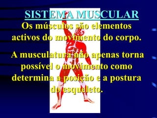 SISTEMA MUSCULAR
Os músculos são elementos
activos do movimento do corpo.
A musculatura não apenas torna
possível o movimento como
determina a posição e a postura
do esqueleto.
 