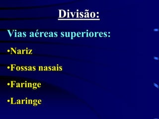 Divisão:
Vias aéreas superiores:
•Nariz
•Fossas nasais
•Faringe
•Laringe
 