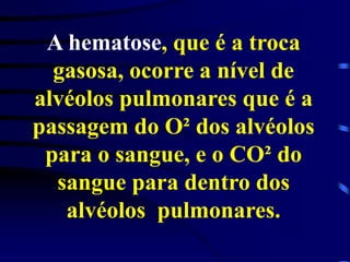 A hematose, que é a troca
gasosa, ocorre a nível de
alvéolos pulmonares que é a
passagem do O² dos alvéolos
para o sangue, e o CO² do
sangue para dentro dos
alvéolos pulmonares.
 