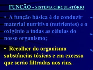 FUNÇÃO - SISTEMA CIRCULATÓRIO
• A função básica é de conduzir
material nutritivo (nutrientes) e o
oxigênio a todas as células do
nosso organismo;
• Recolher do organismo
substâncias tóxicas e em excesso
que serão filtradas nos rins.
 