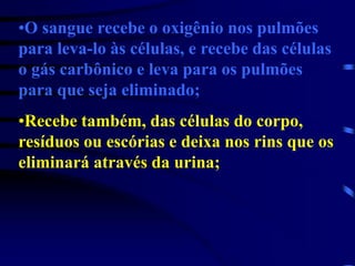 •O sangue recebe o oxigênio nos pulmões
para leva-lo às células, e recebe das células
o gás carbônico e leva para os pulmões
para que seja eliminado;
•Recebe também, das células do corpo,
resíduos ou escórias e deixa nos rins que os
eliminará através da urina;
 