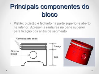 Principais componentes doPrincipais componentes do
blocobloco
• Pistão: o pistão é fechado na parte superior e aberto
na inferior. Apresenta ranhuras na parte superior
para fixação dos anéis de segmento
 