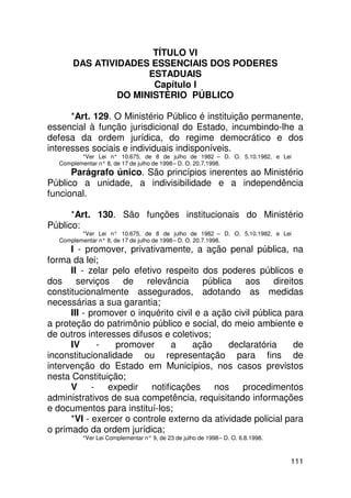 TÍTULO VI
       DAS ATIVIDADES ESSENCIAIS DOS PODERES
                      ESTADUAIS
                       Capítulo I
                DO MINISTÉRIO PÚBLICO

      *Art. 129. O Ministério Público é instituição permanente,
essencial à função jurisdicional do Estado, incumbindo-lhe a
defesa da ordem jurídica, do regime democrático e dos
interesses sociais e individuais indisponíveis.
          *Ver Lei n° 10.675, de 8 de julho de 1982 – D. O. 5.10.1982, e Lei
   Complementar n° 8, de 17 de julho de 1998 – D. O. 20.7.1998.
      Parágrafo único. São princípios inerentes ao Ministério
Público a unidade, a indivisibilidade e a independência
funcional.

      *Art. 130. São funções institucionais do Ministério
Público:
          *Ver Lei n° 10.675, de 8 de julho de 1982 – D. O. 5.10.1982, e Lei
   Complementar n° 8, de 17 de julho de 1998 – D. O. 20.7.1998.
      I - promover, privativamente, a ação penal pública, na
forma da lei;
      II - zelar pelo efetivo respeito dos poderes públicos e
dos serviços de relevância pública aos direitos
constitucionalmente assegurados, adotando as medidas
necessárias a sua garantia;
      III - promover o inquérito civil e a ação civil pública para
a proteção do patrimônio público e social, do meio ambiente e
de outros interesses difusos e coletivos;
      IV      -   promover     a      ação    declaratória      de
inconstitucionalidade ou representação para fins de
intervenção do Estado em Municípios, nos casos previstos
nesta Constituição;
      V -       expedir notificações nos procedimentos
administrativos de sua competência, requisitando informações
e documentos para instituí-los;
      *VI - exercer o controle externo da atividade policial para
o primado da ordem jurídica;
          *Ver Lei Complementar n° 9, de 23 de julho de 1998 – D. O. 6.8.1998.



                                                                                 111
 
