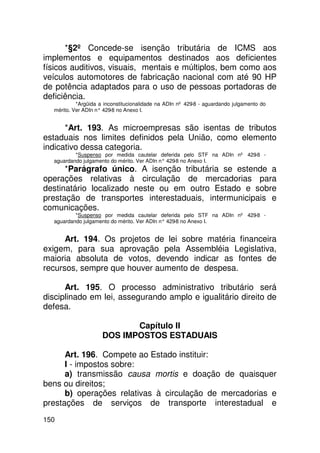 *§2º Concede-se isenção tributária de ICMS aos
implementos e equipamentos destinados aos deficientes
físicos auditivos, visuais, mentais e múltiplos, bem como aos
veículos automotores de fabricação nacional com até 90 HP
de potência adaptados para o uso de pessoas portadoras de
deficiência.
           *Argüida a inconstitucionalidade na ADIn nº 429-8 - aguardando julgamento do
  mérito. Ver ADIn n° 429 no Anexo I.
                         -8


      *Art. 193. As microempresas são isentas de tributos
estaduais nos limites definidos pela União, como elemento
indicativo dessa categoria.
          *Suspenso por medida cautelar deferida pelo STF na ADIn nº 429-8 -
  aguardando julgamento do mérito. Ver ADIn n° 429 no Anexo I.
                                                  -8
      *Parágrafo único. A isenção tributária se estende a
operações relativas à circulação de mercadorias para
destinatário localizado neste ou em outro Estado e sobre
prestação de transportes interestaduais, intermunicipais e
comunicações.
          *Suspenso por medida cautelar deferida pelo STF na ADIn nº 429-8 -
  aguardando julgamento do mérito. Ver ADIn n° 429 no Anexo I.
                                                  -8


      Art. 194. Os projetos de lei sobre matéria financeira
exigem, para sua aprovação pela Assembléia Legislativa,
maioria absoluta de votos, devendo indicar as fontes de
recursos, sempre que houver aumento de despesa.

      Art. 195. O processo administrativo tributário será
disciplinado em lei, assegurando amplo e igualitário direito de
defesa.

                            Capítulo II
                     DOS IMPOSTOS ESTADUAIS

      Art. 196. Compete ao Estado instituir:
      I - impostos sobre:
      a) transmissão causa mortis e doação de quaisquer
bens ou direitos;
      b) operações relativas à circulação de mercadorias e
prestações de serviços de transporte interestadual e
150
 