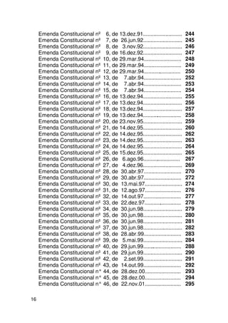 Emenda Constitucional nº 6, de 13.dez.91..........................    244
     Emenda Constitucional nº 7, de 26.jun.92..........................    245
     Emenda Constitucional nº 8, de 3.nov.92..........................     246
     Emenda Constitucional nº 9, de 16.dez.92..........................    247
     Emenda Constitucional nº 10, de 29.mar.94.........................    248
     Emenda Constitucional nº 11, de 29.mar.94.........................    249
     Emenda Constitucional nº 12, de 29.mar.94.........................    250
     Emenda Constitucional nº 13, de 7.abr.94.........................     252
     Emenda Constitucional nº 14, de 7.abr.94.........................     253
     Emenda Constitucional nº 15, de 7.abr.94.........................     254
     Emenda Constitucional nº 16, de 13.dez.94..........................   255
     Emenda Constitucional nº 17, de 13.dez.94..........................   256
     Emenda Constitucional nº 18, de 13.dez.94..........................   257
     Emenda Constitucional nº 19, de 13.dez.94..........................   258
     Emenda Constitucional nº 20, de 23.nov.95..........................   259
     Emenda Constitucional nº 21, de 14.dez.95..........................   260
     Emenda Constitucional nº 22, de 14.dez.95..........................   262
     Emenda Constitucional nº 23, de 14.dez.95..........................   263
     Emenda Constitucional nº 24, de 14.dez.95..........................   264
     Emenda Constitucional nº 25, de 15.dez.95..........................   265
     Emenda Constitucional nº 26, de 6.ago.96.........................     267
     Emenda Constitucional nº 27, de 4.dez.96..........................    269
     Emenda Constitucional nº 28, de 30.abr.97.........................    270
     Emenda Constitucional nº 29, de 30.abr.97.........................    272
     Emenda Constitucional nº 30, de 13.mai.97.........................    274
     Emenda Constitucional nº 31, de 12.ago.97........................     276
     Emenda Constitucional nº 32, de 14.out.97.........................    277
     Emenda Constitucional nº 33, de 22.dez.97.........................    278
     Emenda Constitucional nº 34, de 30.jun.98..........................   279
     Emenda Constitucional nº 35, de 30.jun.98..........................   280
     Emenda Constitucional nº 36, de 30.jun.98..........................   281
     Emenda Constitucional nº 37, de 30.jun.98..........................   282
     Emenda Constitucional nº 38, de 28.abr.99.........................    283
     Emenda Constitucional nº 39, de 5.mai.99..........................    284
     Emenda Constitucional nº 40, de 29.jun.99..........................   288
     Emenda Constitucional nº 41, de 29.jun.99..........................   290
     Emenda Constitucional nº 42, de 2.set.99..........................    291
     Emenda Constitucional nº 43, de 14.out.99.........................    292
     Emenda Constitucional n° 44, de 28.dez.00........................     293
     Emenda Constitucional n° 45, de 28.dez.00........................     294
     Emenda Constitucional n° 46, de 22.nov.01........................     295

16
 