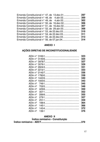 Emenda Constitucional n° 47, de 13.dez.01....... ................
                                                    .                                  297
   Emenda Constitucional n° 48, de 4.abr.02.........................                   300
   Emenda Constitucional n° 49, de 4.abr.02.........................                   302
   Emenda Constitucional n° 50, de 16.dez.02........................                   306
   Emenda Constitucional n° 51, de 16.dez.02........................                   307
   Emenda Constitucional n° 52, de 29.abr.03.........................                  308
   Emenda Constitucional n° 53, de 22.dez.03.........................                  310
   Emenda Constitucional n° 54, de 22.dez.03........... .............
                                                       .                               311
   Emenda Constitucional n° 55, de 22.dez.03.........................                  313
   Emenda Constitucional n° 56, de 07.jan.04..........................                 314

                                      ANEXO I

          AÇÕES DIRETAS DE INCONSTITUCIONALIDADE

                  ADIn n° 3160-1....................................................   323
                  ADIn n° 3140-6....................................................   325
                  ADIn n° 3978-7....................................................   327
                  ADIn n° 3076-1....................................................   329
                  ADIn nº 2824-3....................................................   331
                  ADIn nº 2212-1....................................................   333
                  ADIn n° 2142-7....................................................   336
                  ADIn nº 1780-0....................................................   338
                  ADIn nº 1443-9....................................................   340
                  ADIn nº 1000-0....................................................   343
                  ADIn nº 749-1....................................................    345
                  ADIn nº 702-5....................................................    348
                  ADIn nº 429-8....................................................    350
                  ADIn nº 307-1....................................................    352
                  ADIn nº 289-9....................................................    355
                  ADIn nº 279-1....................................................    357
                  ADIn nº 251-1....................................................    359
                  ADIn nº 188-4....................................................    364
                  ADIn nº 145-1....................................................    366
                  ADIn nº 143-4....................................................    372
                  ADIn nº 136-1                                                        376

                           ANEXO II
                Índice remissivo - Constituição
Índice remissivo - ADCT.............................................................379


                                                                                         17
 