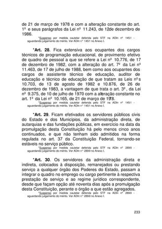 de 21 de março de 1978 e com a alteração constante do art.
1º e seus parágrafos da Lei nº 11.243, de 12de dezembro de
1986.
          *Suspenso por medida cautelar deferida pelo STF na ADIn nº 145-1 -
  aguardando julgamento do mérito. Ver ADIn n° 145 no Anexo I.
                                                  -1


      *Art. 28. Fica extensiva aos ocupantes dos cargos
técnicos de programação educacional, de provimento efetivo
de quadro de pessoal a que se refere a Lei nº 10.776, de 17
de dezembro de 1982, com a alteração do art. 7º da Lei nº
11.463, de 17 de julho de 1988, bem como aos ocupantes dos
cargos de assistente técnico de educação, auditor de
educação e técnico de educação de que tratam as Leis nºs
10.703, de 13 de agosto de 1982 e 10.876, de 26 de
dezembro de 1983, a vantagem de que trata o art. 3º, da Lei
nº 9.375, de 10 de julho de 1970 com a alteração constante no
art. 1º da Lei nº 10.165, de 21 de março de 1978.
          *Suspenso por medida cautelar deferida pelo STF na ADIn nº 145-1 -
  aguardando julgamento do mérito. Ver ADIn n° 145 no Anexo I.
                                                  -1


      *Art. 29. Ficam efetivados os servidores públicos civis
do Estado e dos Municípios, da administração direta, de
autarquias e das fundações públicas, em exercício na data da
promulgação desta Constituição há pelo menos cinco anos
continuados, e que não tenham sido admitidos na forma
regulada no art. 37 da Constituição Federal, tornando-se
estáveis no serviço público.
          *Suspenso por medida cautelar deferida pelo STF na ADIn nº 289-9 -
  aguardando julgamento do mérito. Ver ADIn n° 289 no Anexo I.
                                                  -9


      *Art. 30. Os servidores da administração direta e
indireta, colocados à disposição, remanejados ou prestando
serviço a qualquer órgão dos Poderes do Estado, passam a
integrar o quadro no emprego ou cargo pertinente à respectiva
prestação de serviço e ao regime jurídico correspondente,
desde que façam opção até noventa dias após a promulgação
desta Constituição, perante o órgão a que estão agregados.
          *Suspenso por medida cautelar deferida pelo STF na ADIn nº 289-9 -
  aguardando julgamento do mérito. Ver ADIn n° 289 no Anexo I.
                                                  -9




                                                                           233
 
