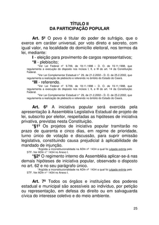TÍTULO II
                      DA PARTICIPAÇÃO POPULAR

      Art. 5º O povo é titular do poder de sufrágio, que o
exerce em caráter universal, por voto direto e secreto, com
igual valor, na localidade do domicílio eleitoral, nos termos da
lei, mediante:
      I - eleição para provimento de cargos representativos;
      *II - plebiscito;
            *Ver Lei Federal nº 9.709, de 18.11.1998 – D. O. de 19.11.1998, que
   regulamenta a execução do disposto nos incisos I, II, e III do art. 14 da Constituição
   Federal.
            *Ver Lei Complementar Estadual n° 29, de 21.2.2002 – D. O. de 25.2.2002, que
   regulamenta a realização de plebiscito e referendo no âmbito do Estado do Ceará.
       *III - referendo.
            *Ver Lei Federal nº 9.709, de 18.11.1998 – D. O. de 19.11.1998, que
   regulamenta a execução do disposto nos incisos I, II, e III do art. 14 da Constituição
   Federal.
            *Ver Lei Complementar Estadual n° 29, de 21.2.2002 – D. O. de 25.2.2002, que
   regulamenta a realização de plebiscito e referendo no âmbito do Estado do Ceará.


       Art. 6º A iniciativa popular será exercida pela
apresentação à Assembléia Legislativa Estadual de projeto de
lei, subscrito por eleitor, respeitadas as hipóteses de iniciativa
privativa, previstas nesta Constituição.
       *§1º Os projetos de iniciativa popular tramitarão no
prazo de quarenta e cinco dias, em regime de prioridade,
turno único de votação e discussão, para suprir omissão
legislativa, constituindo causa prejudicial à aplicabilidade de
mandado de injunção.
           *Argüida a inconstitucionalidade na ADIn nº 143-4 a qual foi julgada extinta pelo
   STF. Ver ADIn n° 143 no Anexo I.
                       -4
      *§2º O regimento interno da Assembléia aplicar-se-á nas
demais hipóteses de iniciativa popular, observado o disposto
no art. 62 e no seu parágrafo único.
           *Argüida a inconstitucionalidade na ADIn nº 143-4 a qual foi julgada extinta pelo
   STF. Ver ADIn n° 143 no Anexo I.
                       -4


      Art. 7º Todos os órgãos e instituições dos poderes
estadual e municipal são acessíveis ao indivíduo, por petição
ou representação, em defesa do direito ou em salvaguarda
cívica do interesse coletivo e do meio ambiente.

                                                                                               25
 