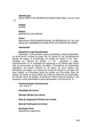 Identificação
       AÇÃO DIRETA DE INCONSTITUCIONALIDADE (Med. Liminar) 3140
– 6

       Origem
       CEARÁ

       Relator
       MINSTRA ELLEN GRACIE

       Partes
       Requerente: PROCURADOR-GERAL DA REPÚBLICA (CF 103, 0VI)
       Requerido :ASSEMBLÉIA LEGISLATIVA DO ESTADO DO CEARÁ

       Interessado

       Dispositivo Legal Questionado
       Expressão e de quaisquer outras autoridades a estas equiparadas,
na forma da lei, contida no artigo 108, VII, alínea b, da Constituição do
Estado do Ceará. /# Constituição do Estado do Ceará /# Art. 108 -
Compete ao Tribunal de Justiça: (...) VII - processar e julgar,
originariamente: b) os mandados de segurança e os habeas data contra
atos do Governador do Estado, da Mesa e Presidência da Assembléia
Legislativa, do próprio Tribunal ou de algum de seus órgãos, dos
Secretários de Estado, do Tribunal de contas do Estado ou de algum de
seus órgãos, do Procurador Geral de Justiça, do Procurador Geral do
Estado, do Chefe da Casa Militar, do Chefe do Gabinete do Governador,
do Ouvidor Geral do Estado, do Defensor Público Geral do Estado, e de
quaisquer outras autoridades a estas equiparadas, na forma da lei. /#

       Fundamentação Constitucional
       - Art. 125, § 1º

       Resultado da Liminar

       Decisão Plenária da Liminar

       Data de Julgamento Plenário da Liminar

       Data de Publicação da Liminar

       Resultado Final
       Aguardando Julgamento



                                                                         325
 