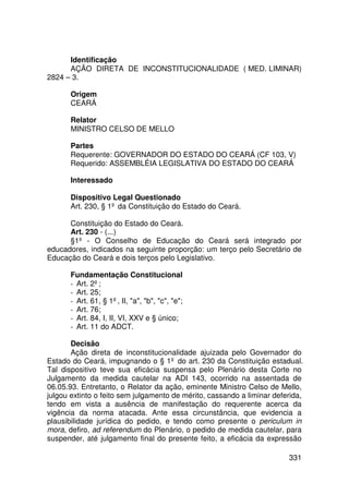 Identificação
      AÇÃO DIRETA DE INCONSTITUCIONALIDADE ( MED. LIMINAR)
2824 – 3.

       Origem
       CEARÁ

       Relator
       MINISTRO CELSO DE MELLO

       Partes
       Requerente: GOVERNADOR DO ESTADO DO CEARÁ (CF 103, V)
       Requerido: ASSEMBLÉIA LEGISLATIVA DO ESTADO DO CEARÁ

       Interessado

       Dispositivo Legal Questionado
       Art. 230, § 1º da Constituição do Estado do Ceará.

      Constituição do Estado do Ceará.
      Art. 230 - (...)
      §1º - O Conselho de Educação do Ceará será integrado por
educadores, indicados na seguinte proporção: um terço pelo Secretário de
Educação do Ceará e dois terços pelo Legislativo.

       Fundamentação Constitucional
       - Art. 2º;
       - Art. 25;
       - Art. 61, § 1º, II, a, b, c, e;
       - Art. 76;
       - Art. 84, I, II, VI, XXV e § único;
       - Art. 11 do ADCT.

       Decisão
       Ação direta de inconstitucionalidade ajuizada pelo Governador do
Estado do Ceará, impugnando o § 1º do art. 230 da Constituição estadual.
Tal dispositivo teve sua eficácia suspensa pelo Plenário desta Corte no
Julgamento da medida cautelar na ADI 143, ocorrido na assentada de
06.05.93. Entretanto, o Relator da ação, eminente Ministro Celso de Mello,
julgou extinto o feito sem julgamento de mérito, cassando a liminar deferida,
tendo em vista a ausência de manifestação do requerente acerca da
vigência da norma atacada. Ante essa circunstância, que evidencia a
plausibilidade jurídica do pedido, e tendo como presente o periculum in
mora, defiro, ad referendum do Plenário, o pedido de medida cautelar, para
suspender, até julgamento final do presente feito, a eficácia da expressão

                                                                        331
 