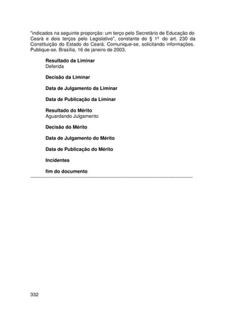 indicados na seguinte proporção: um terço pelo Secretário de Educação do
Ceará e dois terços pelo Legislativo, constante do § 1º do art. 230 da
Constituição do Estado do Ceará. Comunique-se, solicitando informações.
Publique-se. Brasília, 16 de janeiro de 2003.

         Resultado da Liminar
         Deferida

         Decisão da Liminar

         Data de Julgamento da Liminar

         Data de Publicação da Liminar

         Resultado do Mérito
         Aguardando Julgamento

         Decisão do Mérito

         Data de Julgamento do Mérito

         Data de Publicação do Mérito

         Incidentes

         fim do documento
-----------------------------------------------------------------------------------------------------




332
 