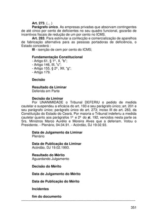Art. 273. (... )
       Parágrafo único. As empresas privadas que absorvam contingentes
de até cinco por cento de deficientes no seu quadro funcional, gozarão de
incentivos fiscais de redução de um por cento no ICMS.
       Art. 283. Para estimular a confecção e comercialização de aparelhos
de fabricação alternativa para as pessoas portadoras de deficiência, o
Estado concederá :
       III - isenção de cem por cento do ICMS;

         Fundamentação Constitucional
         - Artigo 61, § 1º, II, b;
         - Artigo 146, III, c;
         - Artigo 155, § 2º, XII, g;
         - Artigo 179.

         Decisão

         Resultado da Liminar
         Deferida em Parte

       Decisão da Liminar
       Por UNANIMIDADE o Tribunal DEFERIU o pedido de medida
cautelar e suspendeu a eficácia do art. 193 e seu parágrafo único; art. 201 e
seu parágrafo único; parágrafo único do art. 273; inciso III do art. 283, da
Constituição do Estado do Ceará. Por maioria o Tribunal indeferiu a medida
cautelar quanto aos parágrafos 1º e 2º do a 192, vencidos nesta parte os
                                             rt.
Srs. Ministros Marco Aurélio e Moreira Alves que a deferiam. Votou o
Presidente. - Plenário, 04.04.91. - Acórdão, DJ 19.02.93.

         Data de Julgamento da Liminar
         Plenário

         Data de Publicação da Liminar
         Acórdão, DJ 19.02.1993.

         Resultado do Mérito
         Aguardando Julgamento

         Decisão do Mérito

         Data de Julgamento do Mérito

         Data de Publicação do Mérito

         Incidentes

         fim do documento
-----------------------------------------------------------------------------------------------------

                                                                                                 351
 