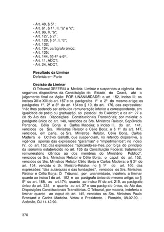 - Art. 40, § 5º;
       - Art. 61, § 1º, II, a e c;
       - Art. 96, II, b;
       - Art. 127, § 2º;
       - Art. 128, § 5º, I, c;
       - Art. 132;
       - Art. 134, parágrafo único;
       - Art. 135;
       - Art. 144, §§ 4º e 6º;
       - Art. 11, ADCT;
       - Art. 24, ADCT.

       Resultado da Liminar
       Deferida em Parte

       Decisão da Liminar
       O Tribunal DEFERIU a Medida Liminar e suspendeu a vigência dos
seguintes dispositivos da Constituição do Estado do Ceará, até o
julgamento final da Ação: POR UNANIMIDADE: o art. 152, inciso III; os
incisos XII e XIII do art. 167 e os parágrafos 1º e 2º do mesmo artigo; os
parágrafos 1º, 2º e 3º do art. 184;no § 10, do art. 176, das expressões:
não lhes podendo ser atribuída remuneração inferior a correspondente, em
igualdade de posto ou graduação, ao pessoal do Exército; e os art. 27 e
28 do Ato das Disposições Constitucionais Transitórias; por maioria: o
parágrafo único do art. 140, vencidos os Srs. Ministros Relator, Sepúlveda
Pertence, Célio Borja e Carlos Madeira; o inciso III, do art. 141,
vencidos os Srs. Ministros Relator e Célio Borja; o § 1º do art. 147,
vencidos, em parte, os Srs. Ministros Relator, Célio Borja, Carlos
Madeira e Octávio Gallotti, que suspendiam, no referido dispositivo, a
vigência apenas das expressões garantias e impedimentos; no inciso
IV, do art. 152, das expressões: aplicando-se-lhes, por força do princípio
da isonomia estabelecido no art. 135 da Constituição Federal, tratamento
remuneratório idêntico ao dos membros do Ministério                  Público,
vencidos os Srs. Ministros Relator e Célio Borja; o caput do art. 152,
vencidos os Srs. Ministros Relator Célio Borja e Carlos Madeira; o § 2º do
art. 154, vencido o Sr. Ministro-Relator; no § 1º do art. 166, das
expressões: das autarquias e das fundações, vencidos os Srs. Ministros
Relator e Célio Borja; O Tribunal, por unanimidade, indeferiu a liminar
quanto ao inciso I do art. 152 e ao parágrafo único do mesmo artigo; ao §
5º do art. 168, ao art.174; quanto ao inciso IV do art. 215, ao parágrafo
único do art. 335, e quanto ao art. 37 e seu parágrafo único, do Ato das
Disposições Constitucionais Transitórias. O Tribunal, por maioria, indeferiu a
liminar quanto ao caput do art. 145, vencidos os Srs. Ministros Paulo
Brossard e Carlos Madeira. Votou o Presidente. - Plenário, 08.02.90. -
Acórdão, DJ 14.12.90.


370
 