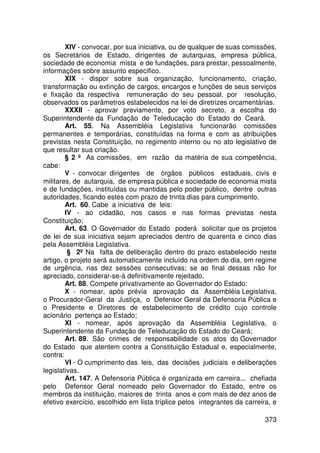 XIV - convocar, por sua iniciativa, ou de qualquer de suas comissões,
os Secretários de Estado, dirigentes de autarquias, empresa pública,
sociedade de economia mista e de fundações, para prestar, pessoalmente,
informações sobre assunto especifico.
        XIX - dispor sobre sua organização, funcionamento, criação,
transformação ou extinção de cargos, encargos e funções de seus serviços
e fixação da respectiva remuneração do seu pessoal, por resolução,
observados os parâmetros estabelecidos na lei de diretrizes orcamentárias.
        XXXII - aprovar previamente, por voto secreto, a escolha do
Superintendente da Fundação de Teleducação do Estado do Ceará.
        Art. 55. Na Assembléia Legislativa funcionarão comissões
permanentes e temporárias, constituídas na forma e com as atribuições
previstas nesta Constituição, no regimento interno ou no ato legislativo de
que resultar sua criação.
        § 2 º As comissões, em razão da matéria de sua competência,
cabe:
        V - convocar dirigentes de órgãos públicos estaduais, civis e
militares, de autarquia, de empresa pública e sociedade de economia mista
e de fundações, instituídas ou mantidas pelo poder público, dentre outras
autoridades, ficando estes com prazo de trinta dias para cumprimento.
        Art. 60. Cabe a iniciativa de leis:
        IV - ao cidadão, nos casos e nas formas previstas nesta
Constituição;
        Art. 63. O Governador do Estado poderá solicitar que os projetos
de lei de sua iniciativa sejam apreciados dentro de quarenta e cinco dias
pela Assembléia Legislativa.
         § 2º Na falta de deliberação dentro do prazo estabelecido neste
artigo, o projeto será automaticamente incluído na ordem do dia, em regime
de urgência, nas dez sessões consecutivas; se ao final dessas não for
apreciado, considerar-se-á definitivamente rejeitado.
        Art. 88. Compete privativamente ao Governador do Estado:
        X - nomear, após prévia aprovação da Assembléia Legislativa,
o Procurador-Geral da Justiça, o Defensor Geral da Defensoria Pública e
o Presidente e Diretores de estabelecimento de crédito cujo controle
acionário pertença ao Estado;
        XI - nomear, após aprovação da Assembléia Legislativa, o
Superintendente da Fundação de Teleducação do Estado do Ceará;
        Art. 89. São crimes de responsabilidade os atos do Governador
do Estado que atentem contra a Constituição Estadual e, especialmente,
contra:
        VI - O cumprimento das leis, das decisões judiciais e deliberações
legislativas.
        Art. 147. A Defensoria Pública é organizada em carreira... chefiada
pelo Defensor Geral nomeado pelo Governador do Estado, entre os
membros da instituição, maiores de trinta anos e com mais de dez anos de
efetivo exercício, escolhido em lista tríplice pelos integrantes da carreira, e

                                                                           373
 