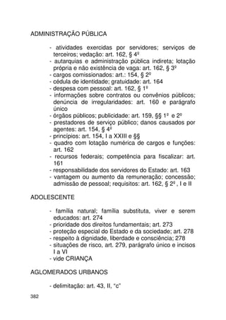 ADMINISTRAÇÃO PÚBLICA

      - atividades exercidas por servidores; serviços de
        terceiros; vedação: art. 162, § 4º
      - autarquias e administração pública indireta; lotação
        própria e não existência de vaga: art. 162, § 3º
      - cargos comissionados: art.: 154, § 2º
      - cédula de identidade; gratuidade: art. 164
      - despesa com pessoal: art. 162, § 1º
      - informações sobre contratos ou convênios públicos;
        denúncia de irregularidades: art. 160 e parágrafo
        único
      - órgãos públicos; publicidade: art. 159, §§ 1º e 2º
      - prestadores de serviço público; danos causados por
        agentes: art. 154, § 4º
      - princípios: art. 154, I a XXIII e §§
      - quadro com lotação numérica de cargos e funções:
        art. 162
      - recursos federais; competência para fiscalizar: art.
        161
      - responsabilidade dos servidores do Estado: art. 163
      - vantagem ou aumento da remuneração; concessão;
        admissão de pessoal; requisitos: art. 162, § 2º, I e II

ADOLESCENTE

      - família natural; família substituta, viver e serem
        educados: art. 274
      - prioridade dos direitos fundamentais; art. 273
      - proteção especial do Estado e da sociedade; art. 278
      - respeito à dignidade, liberdade e consciência; 278
      - situações de risco, art. 279, parágrafo único e incisos
        I a VI
      - vide CRIANÇA

AGLOMERADOS URBANOS

      - delimitação: art. 43, II, “c”
382
 