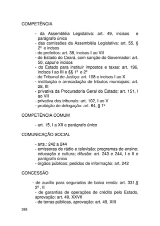 COMPETÊNCIA

       - da Assembléia Legislativa: art. 49, incisos         e
         parágrafo único
       - das comissões da Assembléia Legislativa: art. 55, §
         2º e incisos
       - de prefeitos: art. 38, incisos I ao VII
       - do Estado do Ceará, com sanção do Governador: art.
         50, caput e incisos
       - do Estado para instituir impostos e taxas: art. 196,
         incisos I ao III e §§ 1º e 2º
       - do Tribunal de Justiça: art. 108 e incisos I ao X
       - instituição e arrecadação de tributos municipais: art.
         28, III
       - privativa da Procuradoria Geral do Estado: art. 151, I
         ao VII
       - privativa dos tribunais: art. 102, I ao V
       - proibição de delegação: art. 64, § 1º

COMPETÊNCIA COMUM

       - art. 15, I a XII e parágrafo único

COMUNICAÇÃO SOCIAL

       - arts.: 242 a 244
       - emissoras de rádio e televisão; programas de ensino;
         educação e cultura; difusão: art. 243 e 244, I e II e
         parágrafo único
       - órgãos públicos; pedidos de informação: art. 242

CONCESSÃO

      - de auxílio para segurados de baixa renda: art. 331,§
        2º, II
        - de garantias de operações de crédito pelo Estado,
        aprovação: art. 49, XXVII
        - de terras públicas, aprovação: art. 49, XIII
388
 
