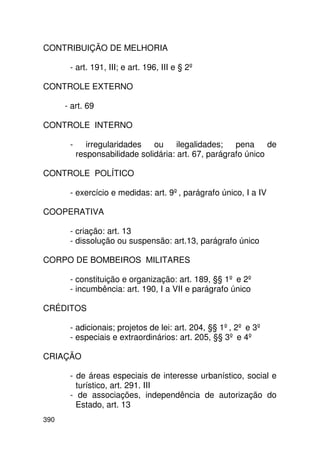 CONTRIBUIÇÃO DE MELHORIA

       - art. 191, III; e art. 196, III e § 2º

CONTROLE EXTERNO

      - art. 69

CONTROLE INTERNO

       -      irregularidades   ou     ilegalidades;   pena     de
           responsabilidade solidária: art. 67, parágrafo único

CONTROLE POLÍTICO

       - exercício e medidas: art. 9º, parágrafo único, I a IV

COOPERATIVA

       - criação: art. 13
       - dissolução ou suspensão: art.13, parágrafo único

CORPO DE BOMBEIROS MILITARES

       - constituição e organização: art. 189, §§ 1º e 2º
       - incumbência: art. 190, I a VII e parágrafo único

CRÉDITOS

       - adicionais; projetos de lei: art. 204, §§ 1º, 2º e 3º
       - especiais e extraordinários: art. 205, §§ 3º e 4º

CRIAÇÃO

       - de áreas especiais de interesse urbanístico, social e
         turístico, art. 291. III
       - de associações, independência de autorização do
         Estado, art. 13
390
 